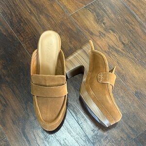 Splendid Cognac Suede Feel Slide In Wood Look Heeled Platform Mules 11